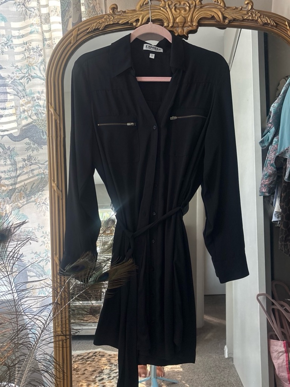 Express Black Button-Front Shirt Dress with Zip Pockets